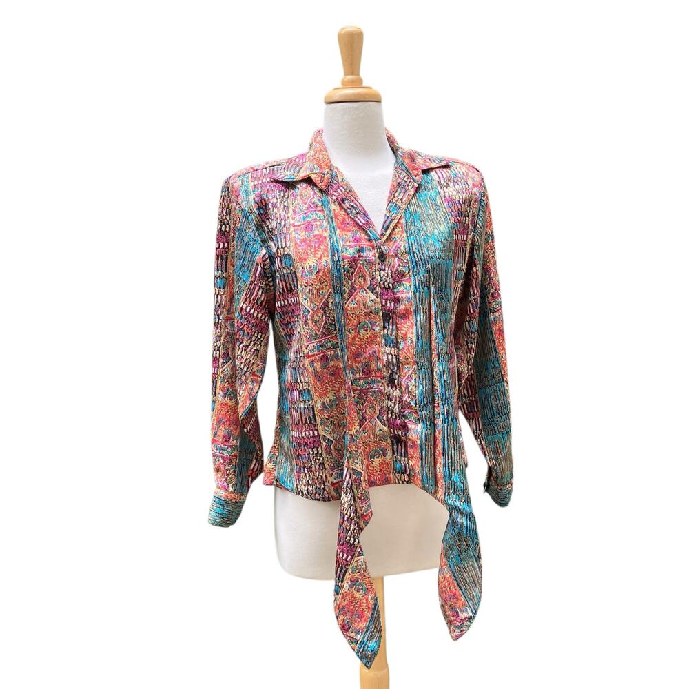 VTG Artsy Patchwork Multi-Print Blouse Sz Md Colorful Tie Front Button Down Top - Picture 9 of 13